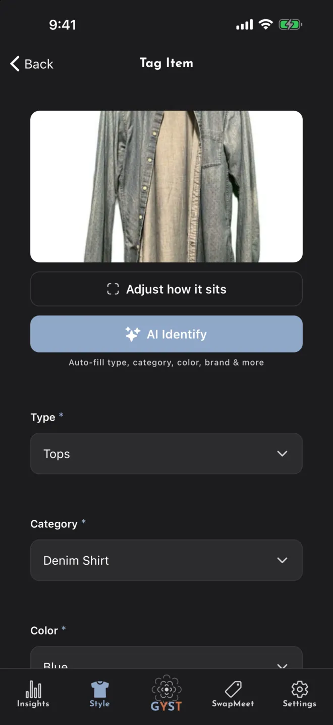 Tagging a new item: a photo of a denim shirt above the AI Identify button, with Type filled in as Tops, Category as Denim Shirt and Color as Blue.