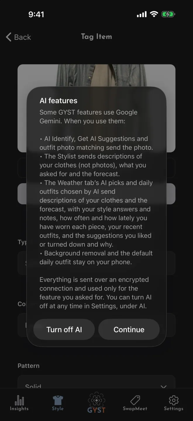 The AI features notice GYST shows before its first AI request, listing what each feature sends to Google Gemini, with Turn off AI and Continue buttons.