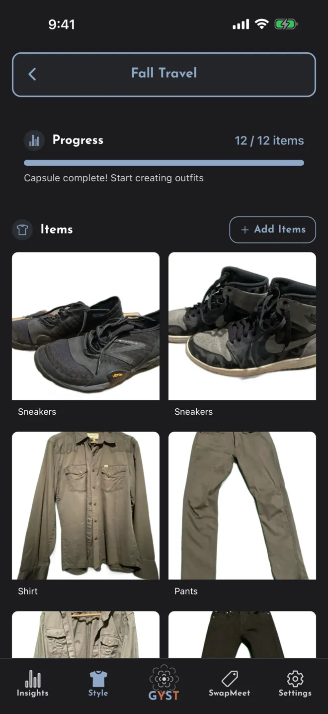 A capsule called Fall Travel: a progress bar at 12 of 12 items, “Capsule complete!”, and its items with an Add Items button.