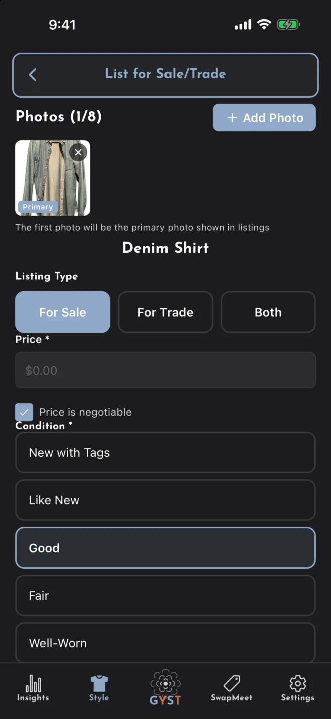 List for Sale/Trade for a denim shirt: its photo, a choice of For Sale, For Trade or Both, a price field, Price is negotiable, and condition options.