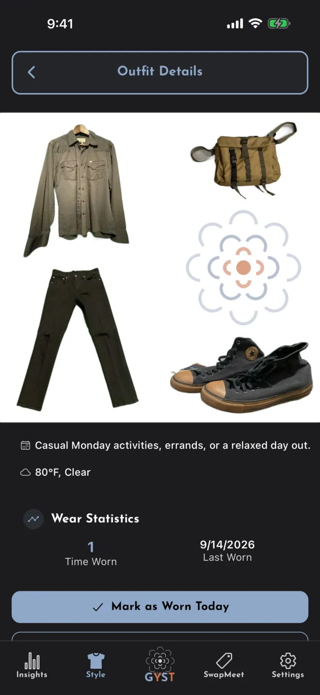 Outfit Details: the outfit’s pieces, its description and forecast, wear statistics, and a Mark as Worn Today button.