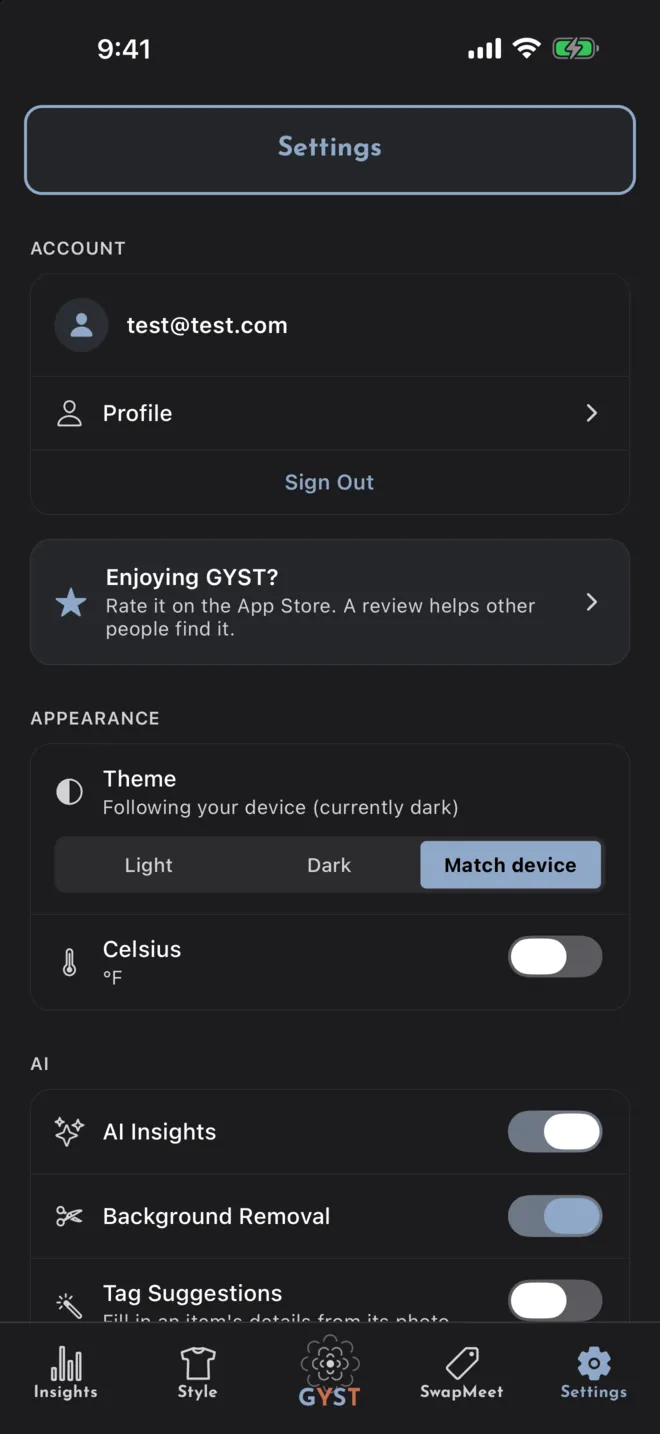 The top of Settings: the account and Profile, a Rate GYST card, Theme and Celsius under Appearance, and the AI Insights and Background Removal switches.