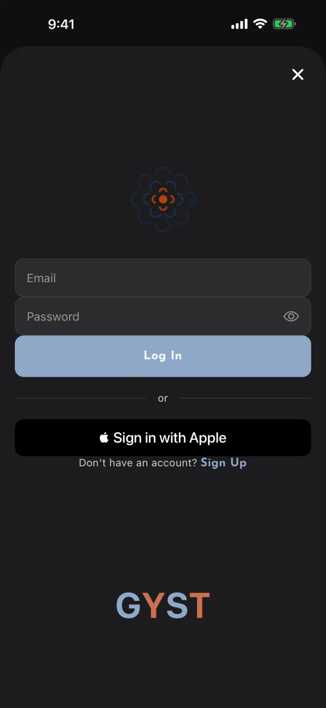 The GYST sign-in screen: Email and Password fields, a Log In button, Sign in with Apple, and a link to sign up.