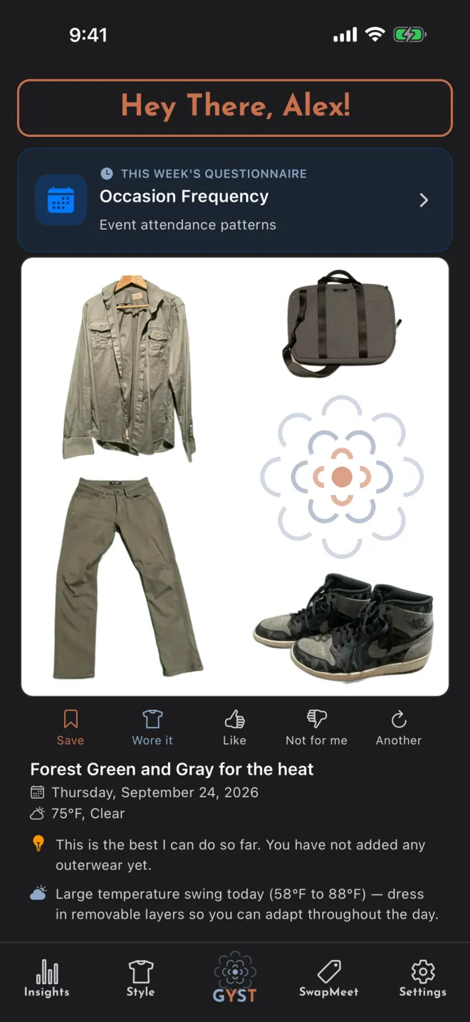 Today’s outfit on the home screen: a shirt, trousers, a bag and trainers, with Save, Wore it, Like, Not for me and Another underneath, then the date and forecast.