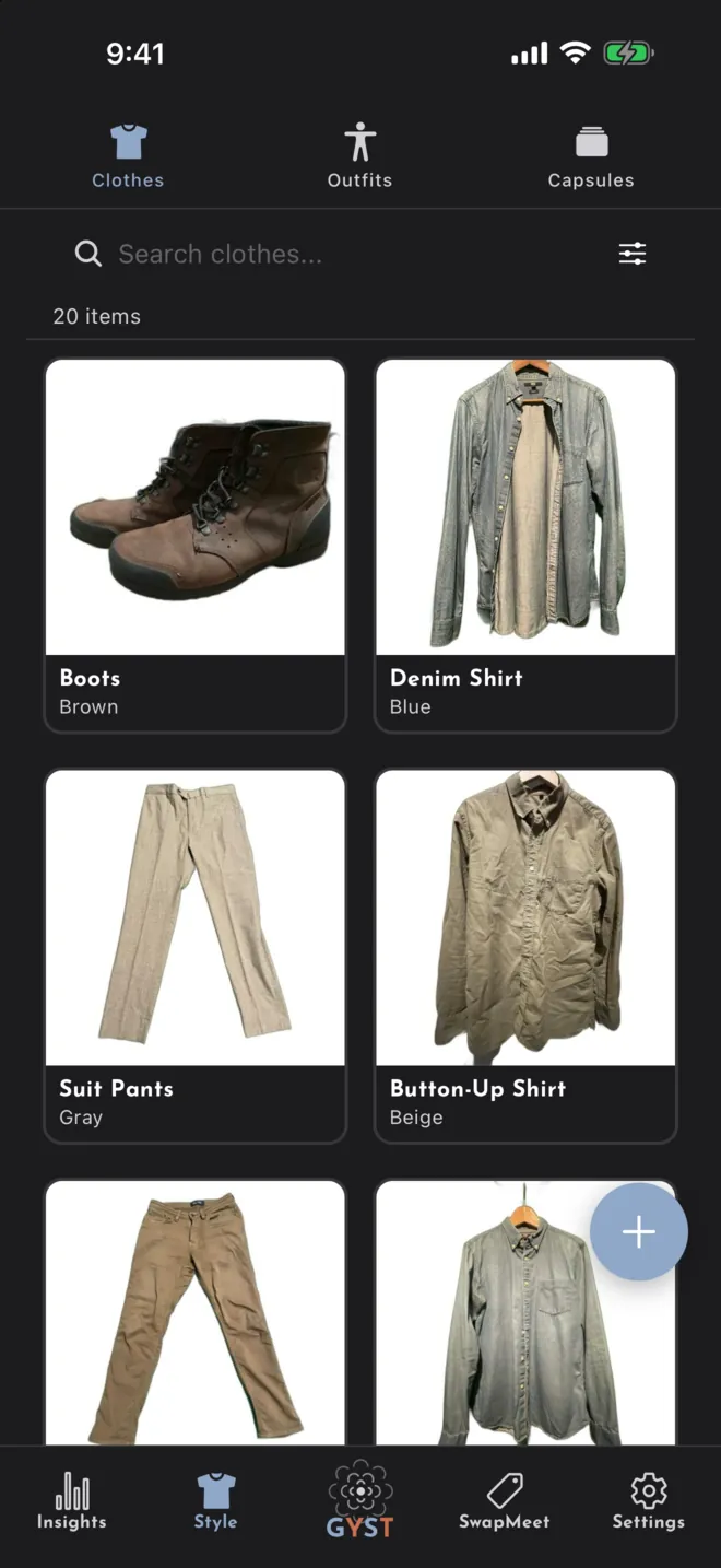 Style, Clothes: a search bar and filter button above a grid of 20 items, each labelled with its category and colour.