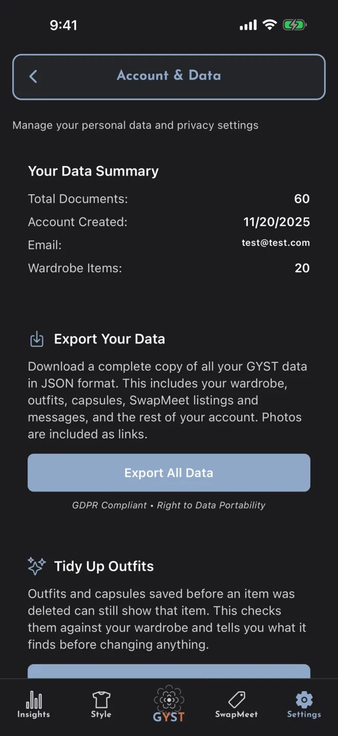 Account & Data: a summary of the account’s data and an Export All Data button.
