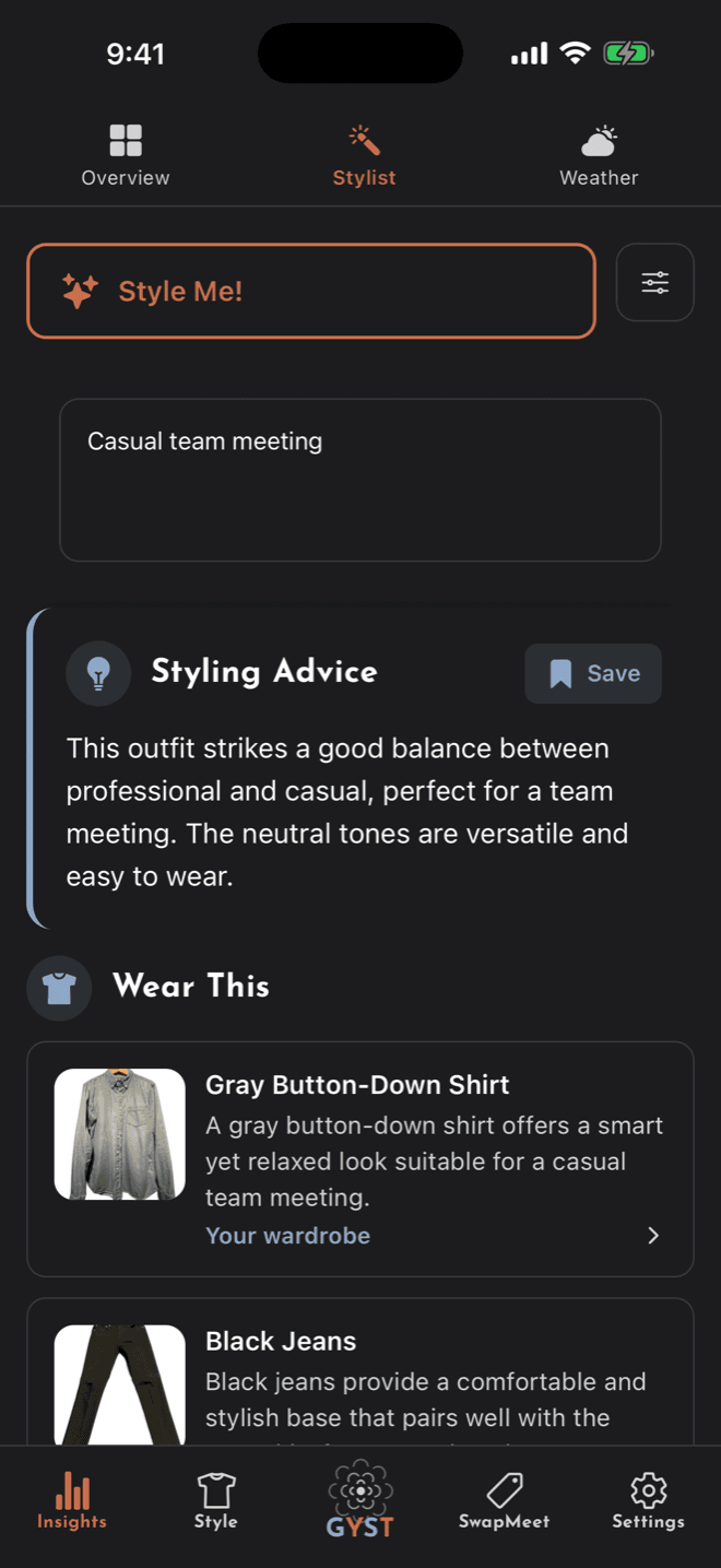 The AI Stylist in Insights, asked for a casual team meeting: its styling advice, then the pieces from the wardrobe it chose.